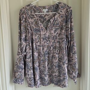 J. Jill Pink Paisley Relaxed Piped Popover Blouse Tunic Size Medium